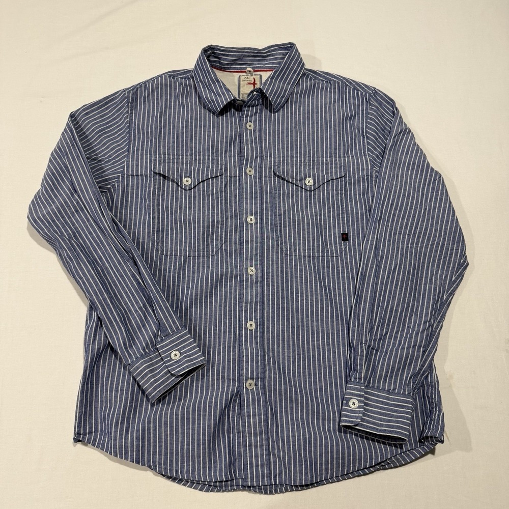 Relwen Mens XL Slub Linen Workshirt Blue White Stripe Cotton Blend Huckberry
